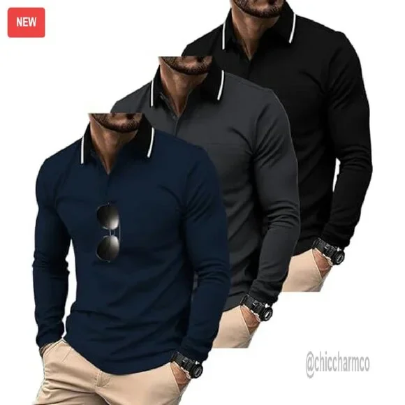 Men's Long Sleeve Polo Shirts 3-Pack Performance Fabric Pocket Design